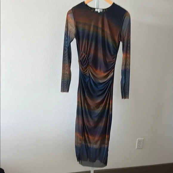 BodyCon Dress L Ruched Ombre Sunset Sheer Sleeves Y2K Dark Fairy Ethereal Grunge - Picture 6 of 15